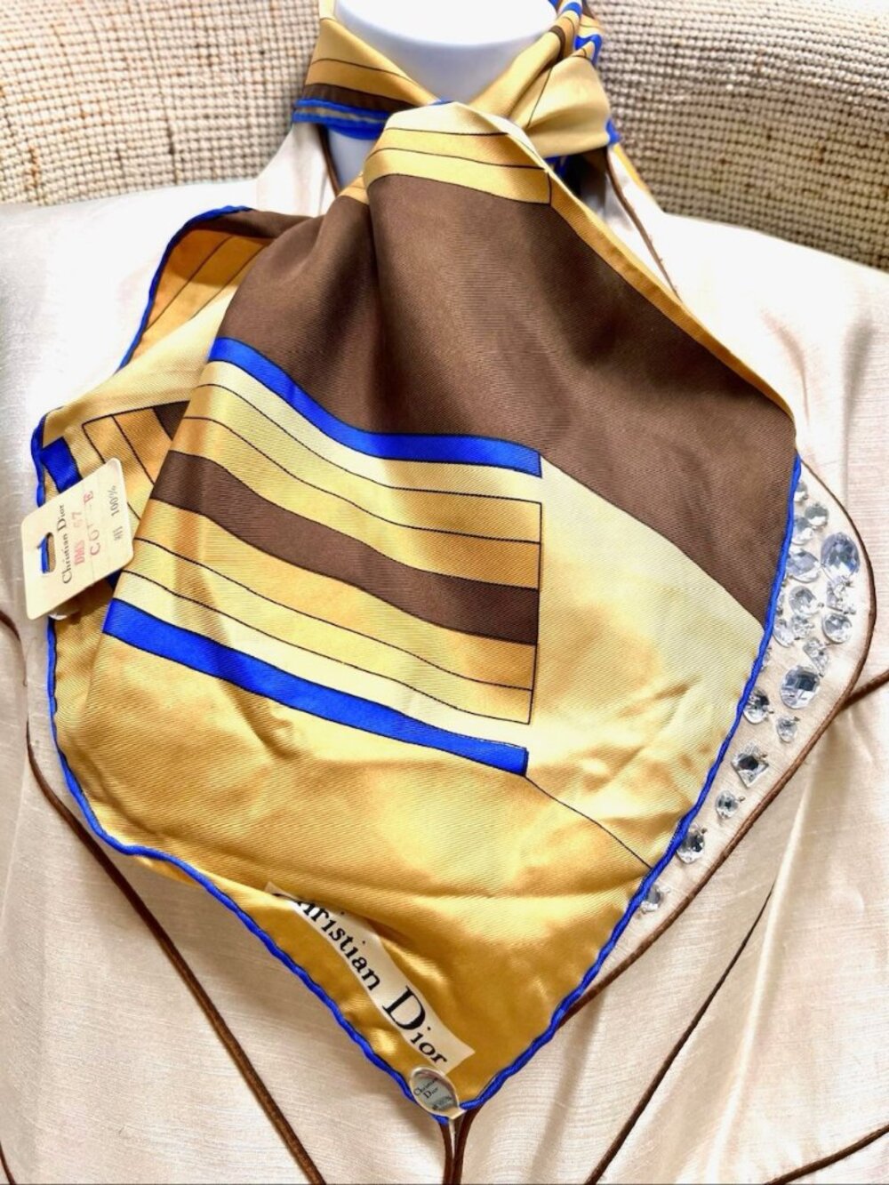 New-Christian Dior silk Satin Neck-kerchief 20" Brown Gold Yellow Striped (46